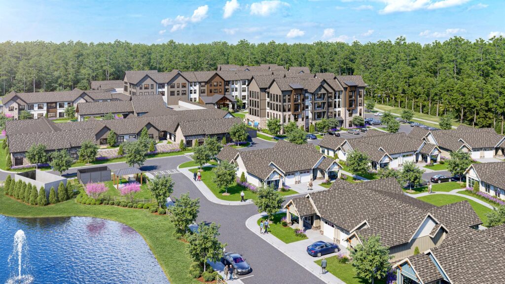 Aerial view of Fellowship Heartwood and its lake